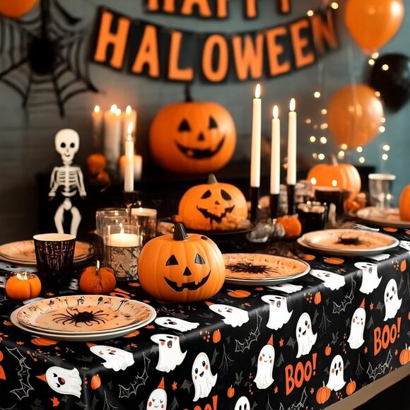 8-Pack Black Plastic Halloween Tablecloths | 54" x 108" Disposable Rectangle - Picture 6 of 6